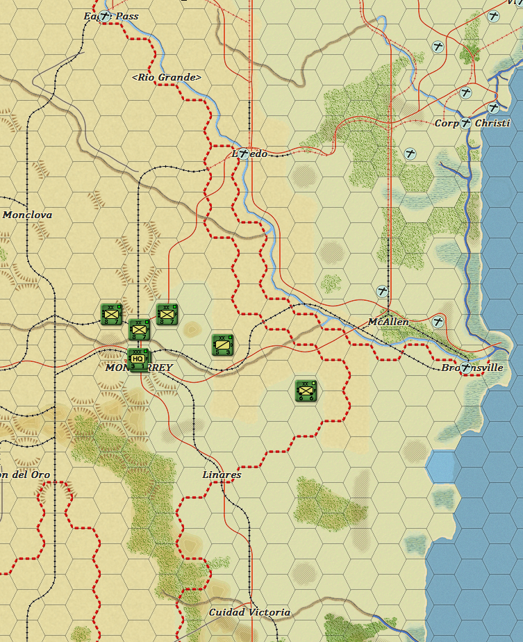 This is the rather inadequate defense I have in Mexico. Other Western Cities like Albuquerque and Denver have nothing and there is a mere screen of Cavalry Regiments for Omaha. The Mexican army is actually mostly on the West Coast releasing American forces for Illinois.