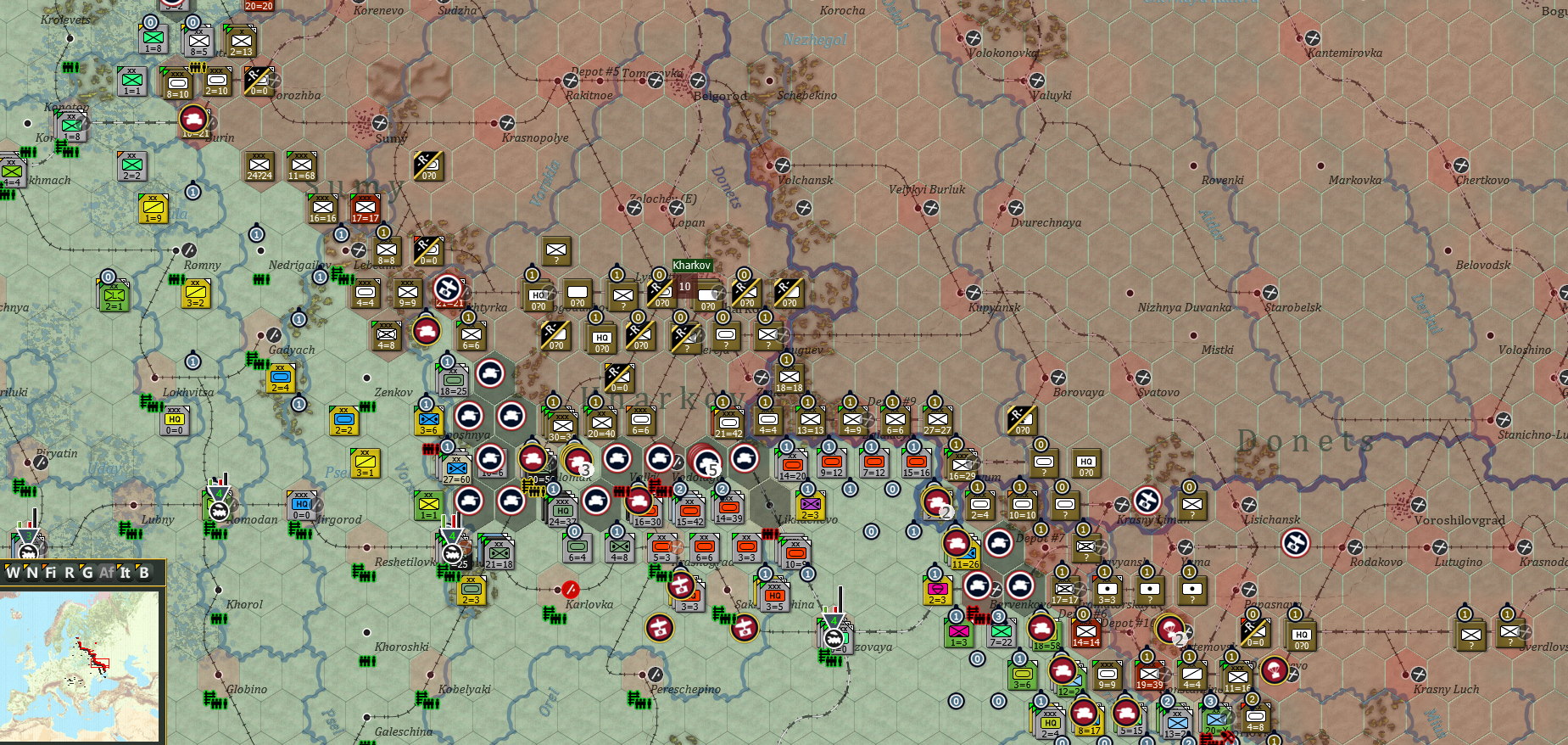 Turn 117, Mostly more of the same except around Kharkov where the soviet breakthrough forces are routed soundly by 17th and 1st Pz Armies. .jpg