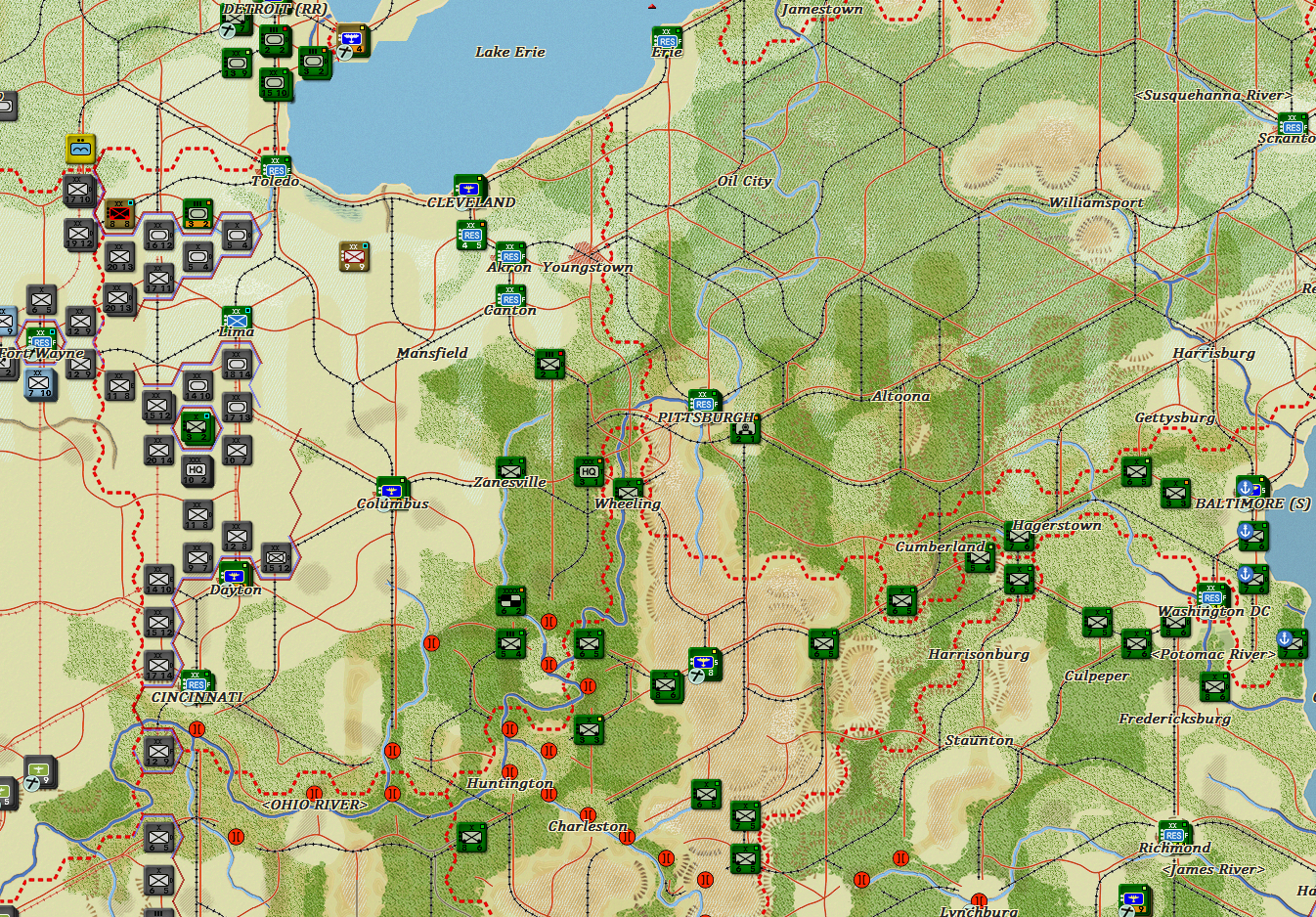 Across the eastern front the Allies flee, blowing bridges behind them. If one looks near the top here the very best take up defencive positions protecting critical Detroit.