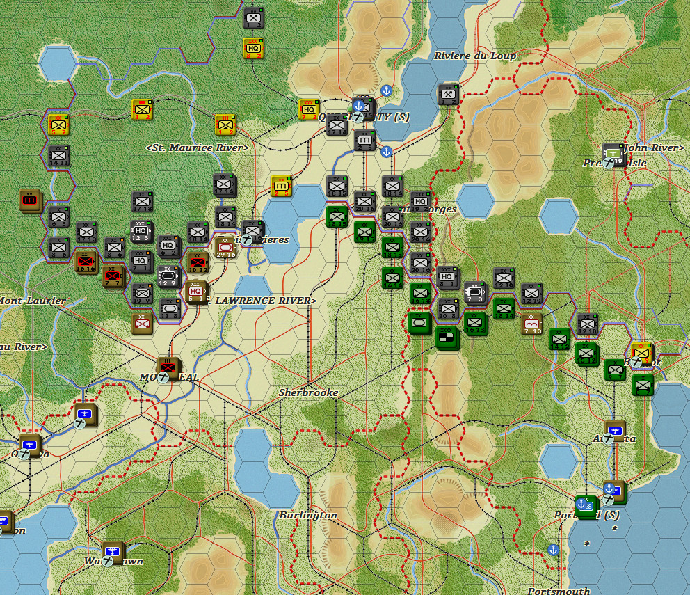 Germans and Canadians blast at each other from behind the Pine Trees of Northern Canada
