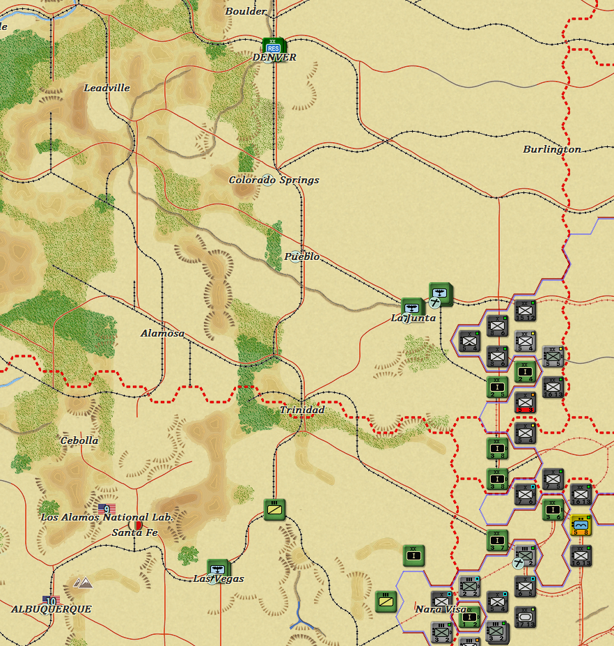 Axis Minors, infantry and paratroopers Chase Mexican Irregulars and Cavalry around on the western plains. Note Denver and Albuquerque which are my ultimate objectives.