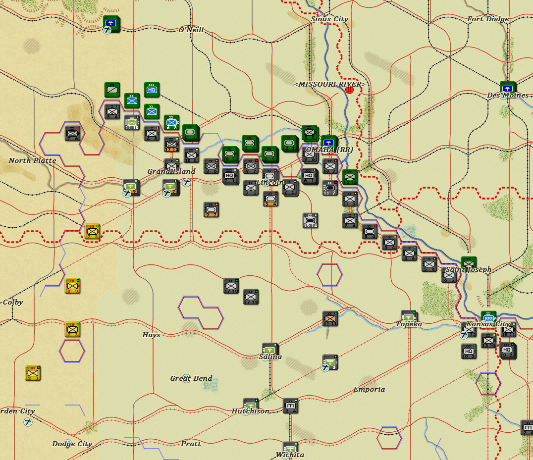 With the supply line cut far to the south the Axis situation in Omaha begins to rapidly deteriorate. Things are being held together by the arrival of fresh troops that can operate without supplies at least for a short time.