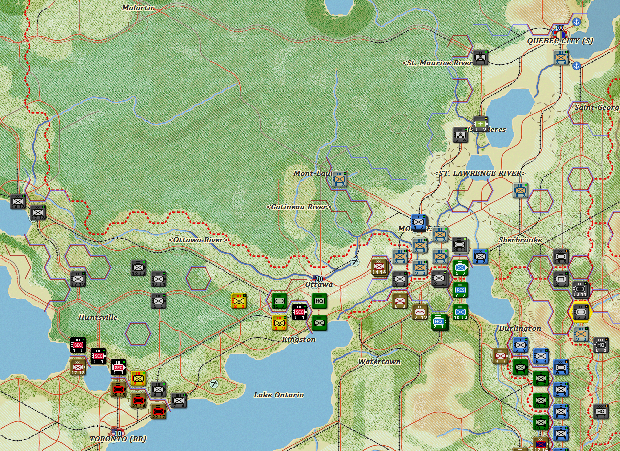 Axis forces retreat away from Toronto desperate to take the long northern road back around to Quebec City. Meanwhile Axis forces are diverted from New York to race up and start trying to form some kind of defense of Montreal and Quebec City. There are even some reinforcments being culled out of the fighting in the south to sea transport from Charleston to Quebec City.