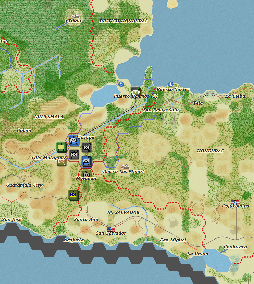 Desperate to pick VPs anywhere they can be found, a small Axis expeditionary force try and fight their way through the jungles of Central America. A couple of Italian Divisions are coming south from Mexico.