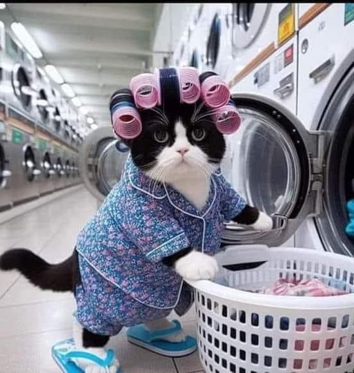 cat wearing pjs and flip flops with hair in curlers at laundromat.jpg