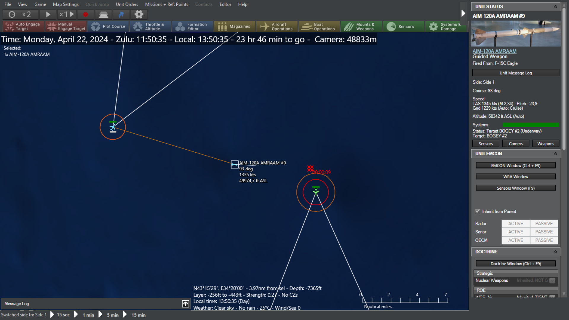 AIM-120 is flying to an outdated interception point, as the radar has not switched to wide view mode