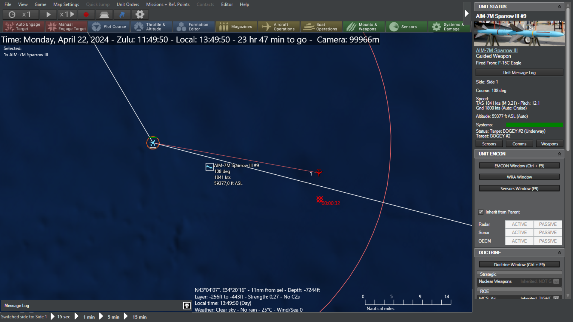 The AIM-7 flies to the interception point even after the target's anti-missile maneuver. Our fighter has the ability to escape from an enemy attack