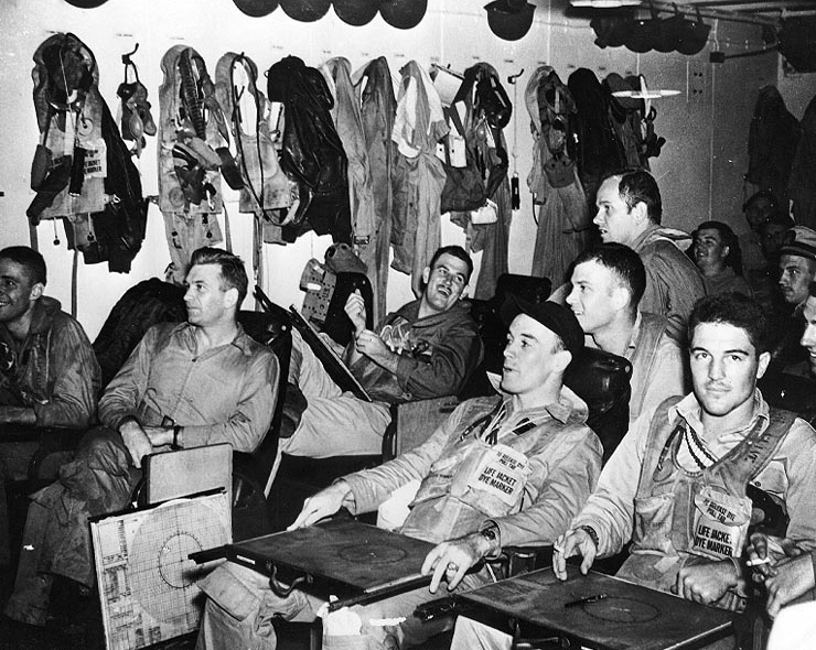 Pilots of US Navy Torpedo Squadron 13 in their ready room  24 oct 1944.jpg