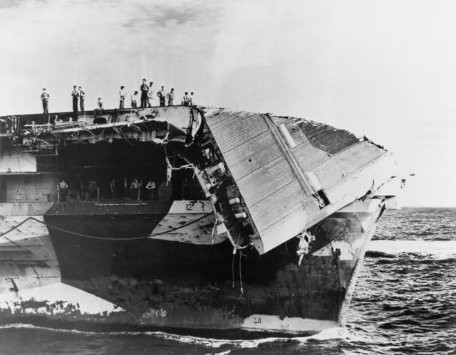 collapsed flightdeck  aboard the USS Hornet  in June of 1945..jpg