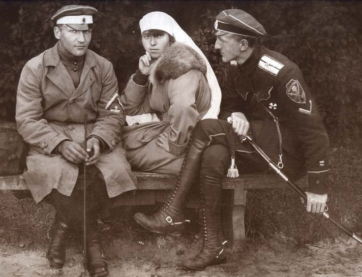 Members of Drozdov and Kornilov Regts with a nurse.jpg