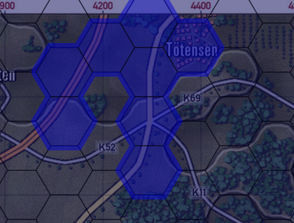 The same area when I launch the scenario to test it. Note that if I clean the setup hexes the program asks me to "paint" them again.