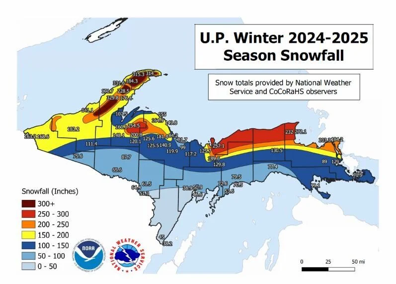 2024-25 seasonal snowfall total for the Upper Peninsula in Michigan USA revealing that four cities got over 300 inches of snow.png
