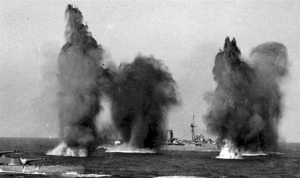 Hood and Valiant under attack by Italian SM79s, Photo from Ark Royal.jpg