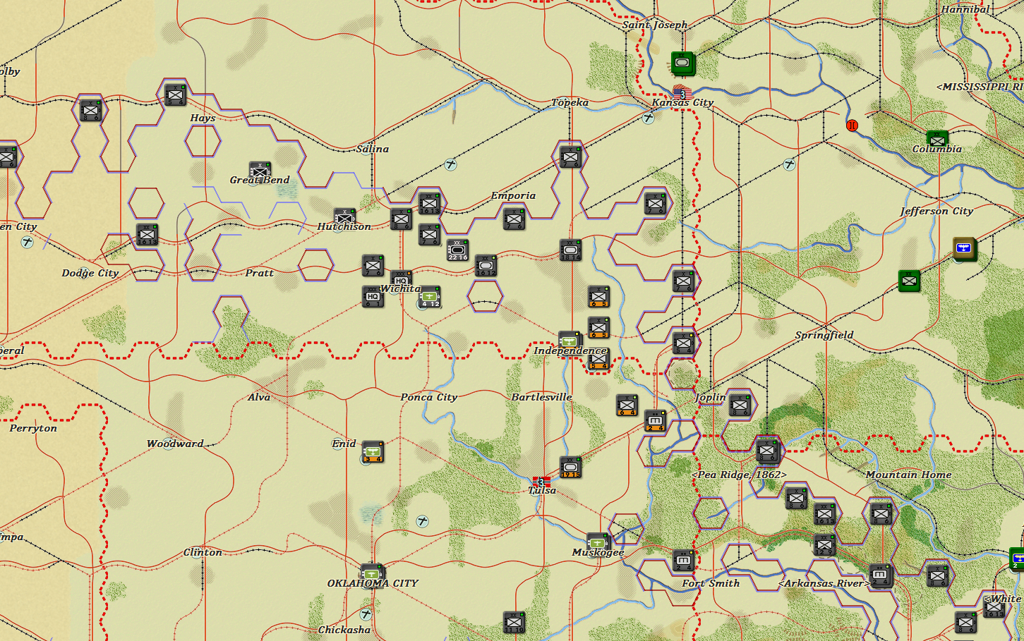 Axis forces West of the Mississippi push north looking for the Allied line of resistance
