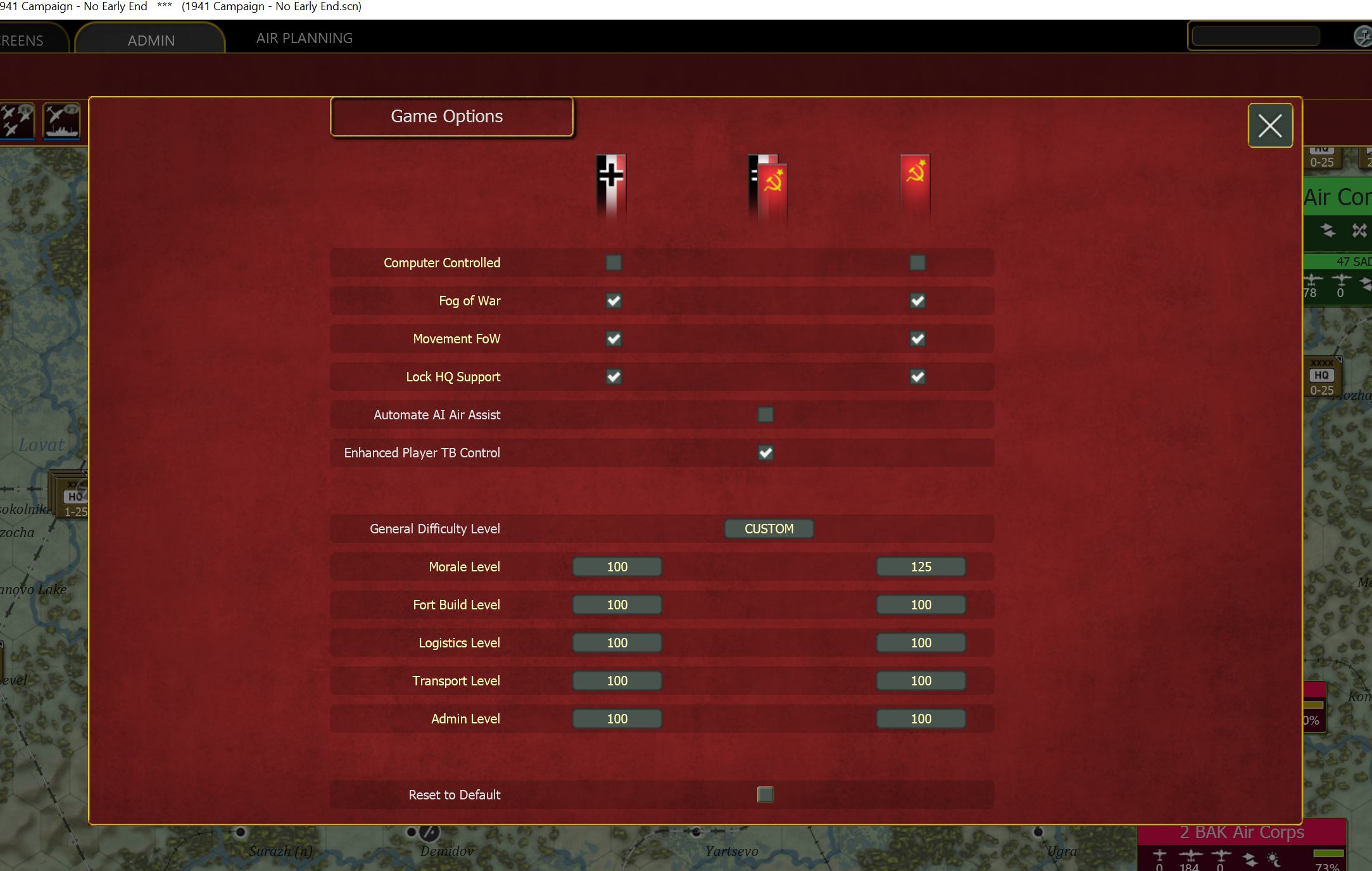 Settings for game